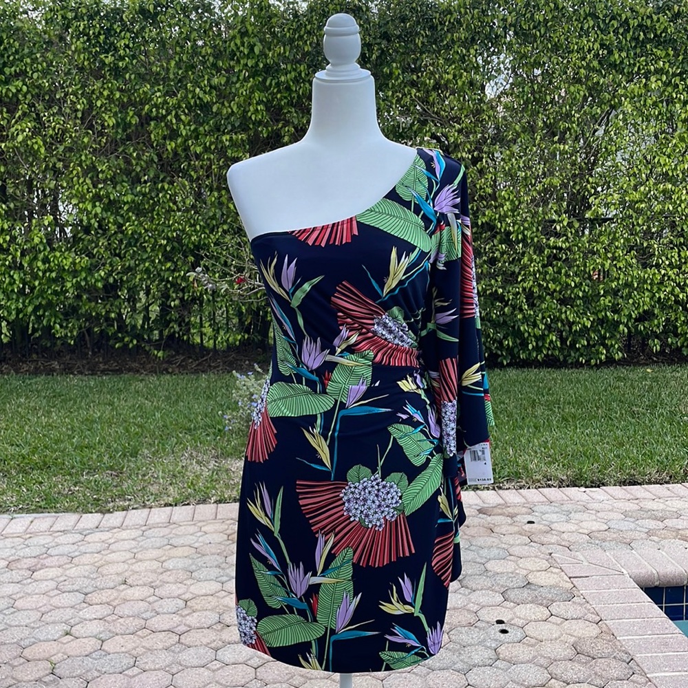 Trina Turk one shoulder, tropical print dress, size 4.